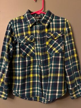 Eddie Bauer Navy, Green & Yellow Plaid Button-Down Shirt